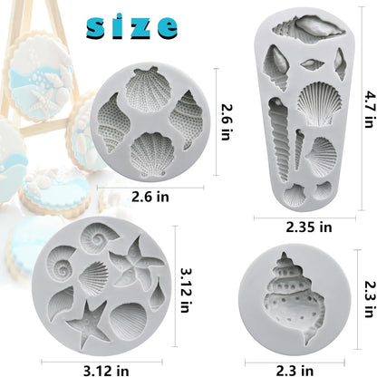 Sakolla Marine Theme Fondant Molds, 4 PCS Seashell Conch Starfish Baking Silicone Molds for Cake Decoration Chocolate Soap Crafting
