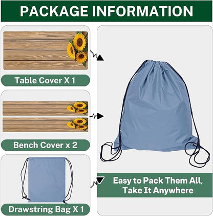 Sunflower Wooden Picnic Table Cover with Bench Covers, Rustic Summer Floral Farmhouse Outdoor Camping Essentials 6FT 3PCS Fitted Rectangle RV Must Haves Tablecloth with Drawstring Bag