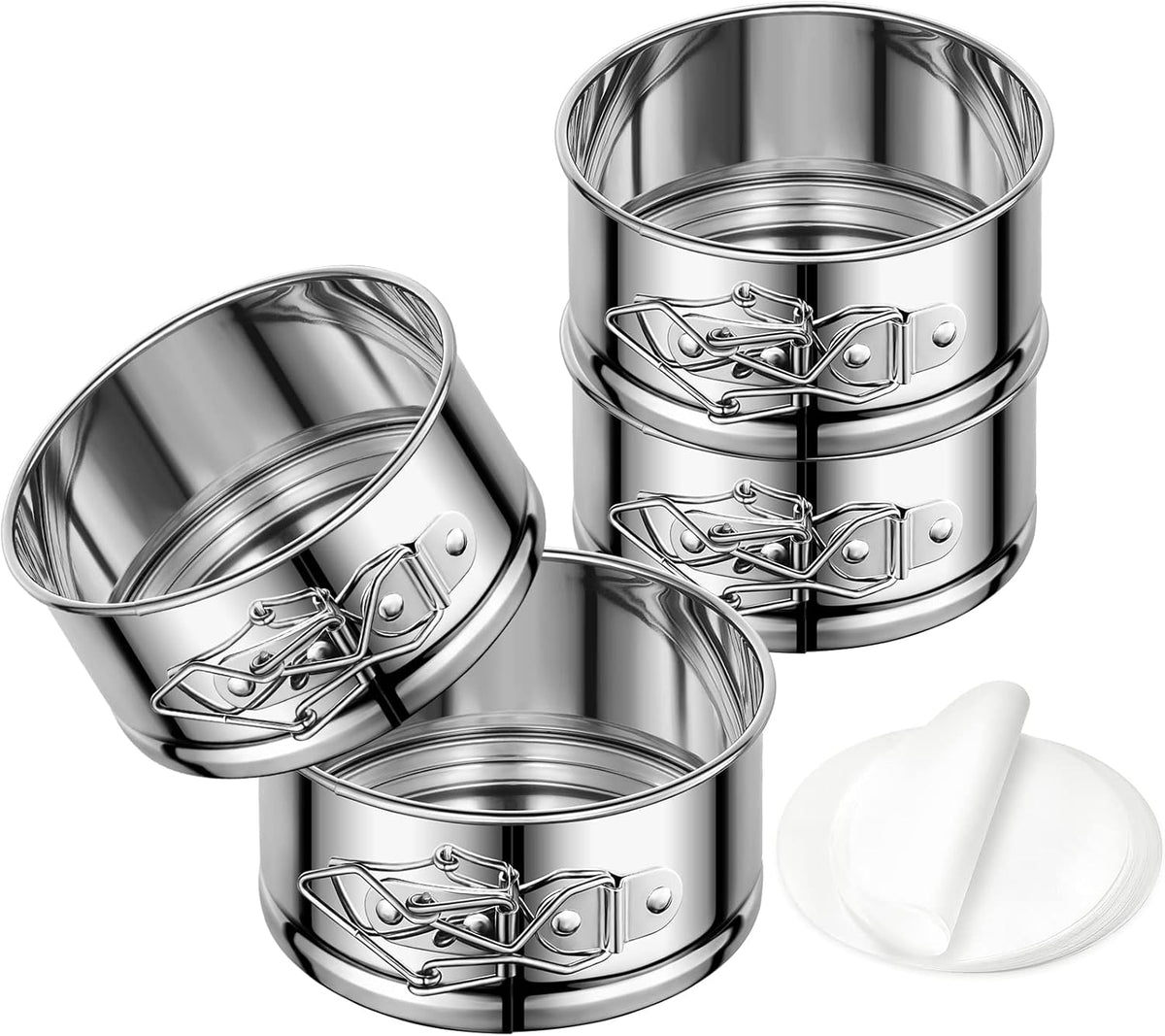 4" Springform Cake Pan, 4 Pcs Stainless Steel Springform Pans with 50 Pcs Paper Liners, Leakproof & Nonstick Cheesecake Pan with Removable Bottom