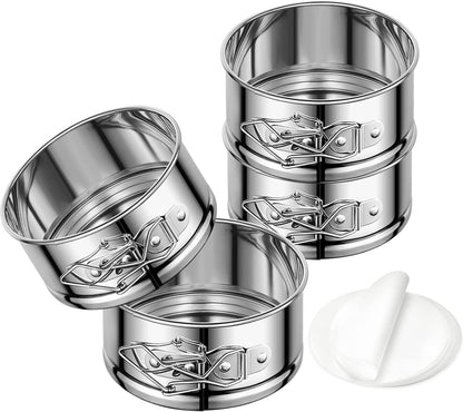4" Springform Cake Pan, 4 Pcs Stainless Steel Springform Pans with 50 Pcs Paper Liners, Leakproof & Nonstick Cheesecake Pan with Removable Bottom