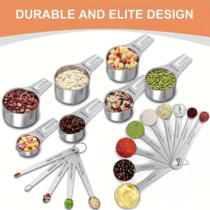 21PCS Measuring Cups and Spoons Set, Include 7 Nesting Measuring Cups, 9 Measuring Spoons and 5 Mini Spoons, Stainless Steel Metal Measuring Set