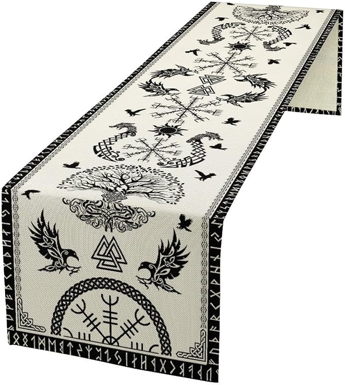 Viking Tree of Life Table Runner, Raven Helmet of Awe Seasonal Table Runner for Kitchen Dining Home Party 13x60in