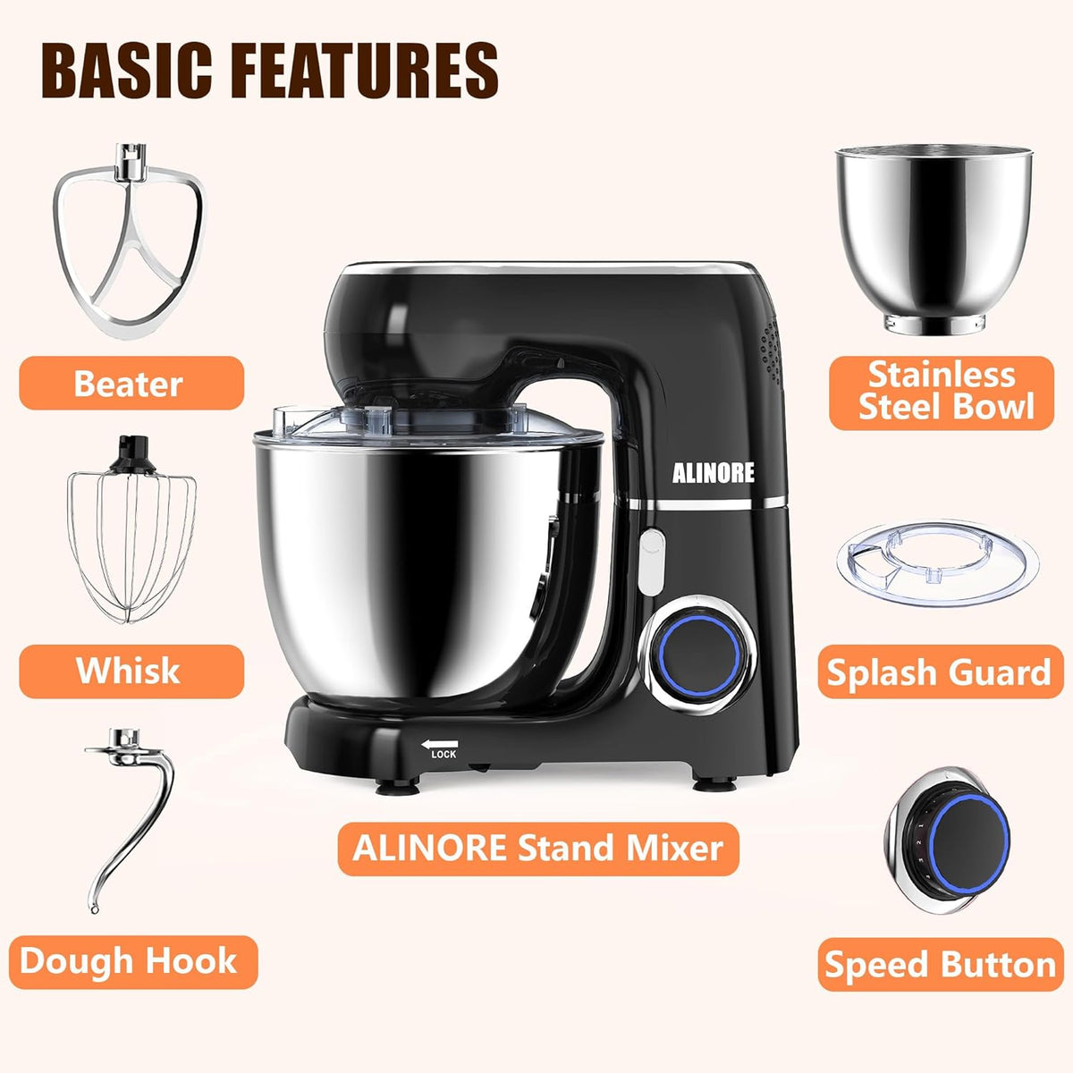 Stand Mixer, 6.5QT 660W 10-Speed Tilt-Head Electric Kitchen Stand Mixer, Food Mixer with Dishwasher-Safe Dough Hook, Egg Whisk, Flat Beater for Baking, Cake and Most Home Cooks (Black)