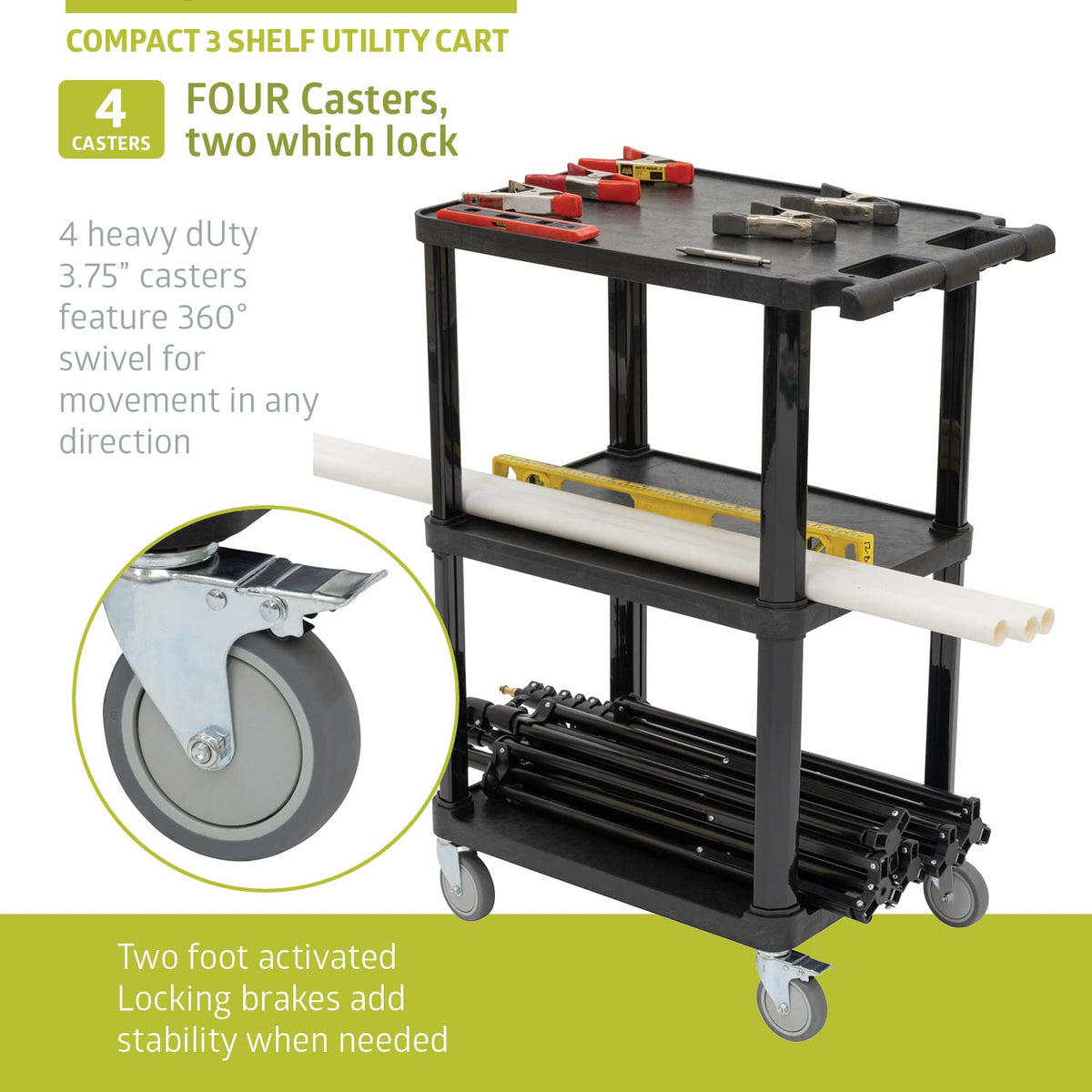 Pearington 3-Tier Compact Multi-Purpose Plastic Utility Cart with Lockable Wheels up to 300LBS, Black