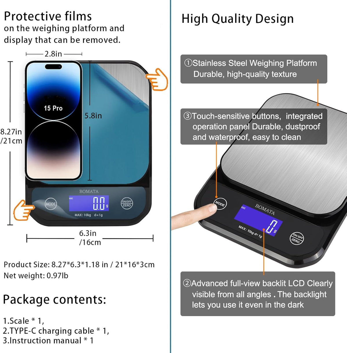 BOMATA IPX7 Waterproof Food Scale, 22lb/10kg, USB Rechargeable, Submersible, Ounces and Grams for Cooking Baking Weight Loss, 0.05oz/1g Precise Graduation, Wide Viewing Angle LCD, Stainless Steel