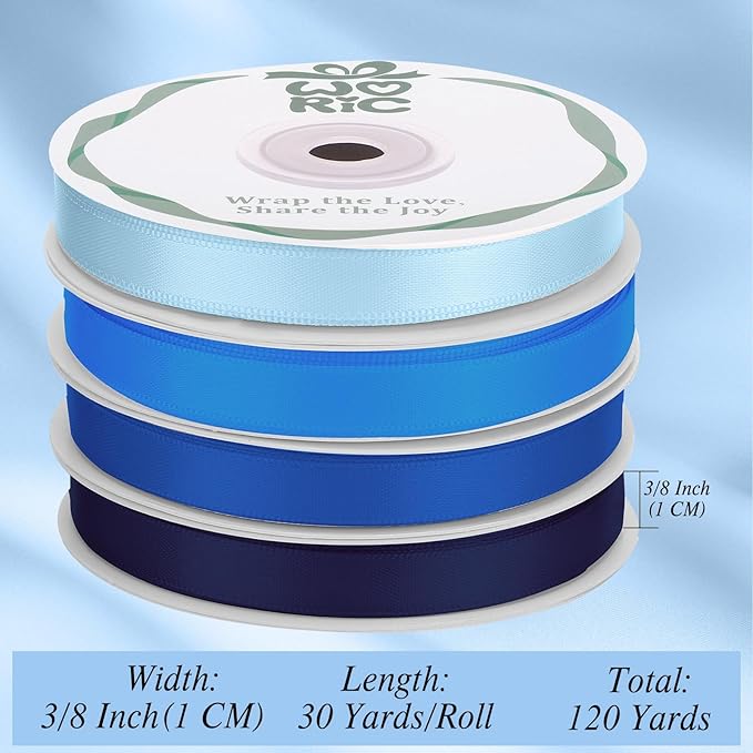 woric 120 Yards Blue Ribbon 3/8 Inch x 4 Rolls, 30 Yd/Roll, Light/Baby/Navy/Royal Blue Satin Ribbon for Graduation Leis Baby Bridal Shower Gift Wrapping