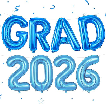 Blue Grad 2026 Balloons, 2026 Graduation Decorations Set Congrats Grad Foil Balloons Banner Sign for Class of 2026 Graduation Decorations College High School Prom Party Backdrop Supplies