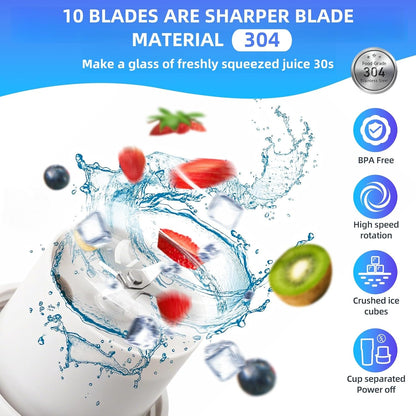 Kawu Portable Blender, 316 Stainless Steel Inner Personal Blender with 10Ps 304 Blades, 23Oz Blenders for Smoothies, USB Rechargeable, BPA Free, Food-Grade, Leakproof Juice Mixer for Gym, Home