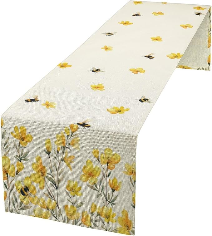 Yellow Wild Flowers Table Runner, Rustic Farmhouse Watercolor Daisy Floral Branches Bees Print Table Runner for Kitchen Dining Room Party Picnic Table Decor, 13x36inch