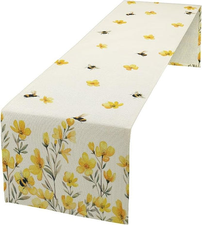 Yellow Wild Flowers Table Runner, Rustic Farmhouse Watercolor Daisy Floral Branches Bees Print Table Runner for Kitchen Dining Room Party Picnic Table Decor, 13x36inch