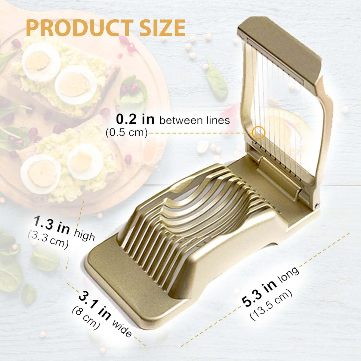 Zoe's Kitchen Good Grip Egg Slicer for Hard Boiled Eggs Heavy Duty Professional Large Aluminum Egg Slicer with Stainless Steel Wires Kitchen Aid Egg, Strawberry Slicer Hard Boiled Egg Cutter (Golden)