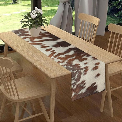 Cow Print Table Runner, Brown Cowhide Print Western Style Table Runner Country Farmhouse Cottage Cow Pattern Linen Table Decoration for Home Kitchen Dining 13x108