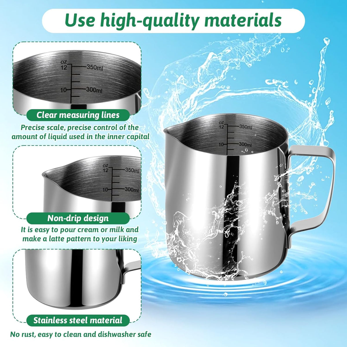 4 Pcs Milk Frothing Pitchers, 12 Oz 304 Stainless Steel Espresso Steaming Pitchers with Measuring Markers