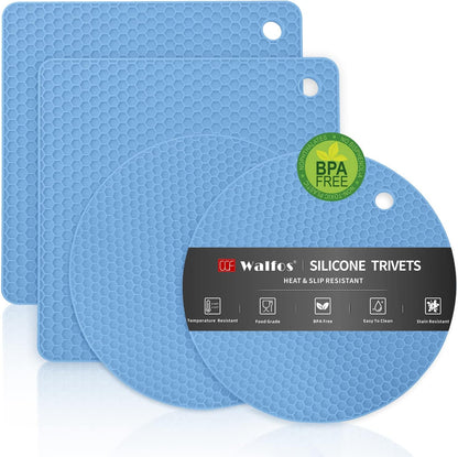 Walfos Silicone Trivet Mats - 4 Heat Resistant Pot Holders, Multipurpose Non-Slip Hot Pads for Kitchen Potholders, Hot Dishers, Jar Opener, Spoon Holder, Food Grade Silicone & BPA Free (Nordic Blue)