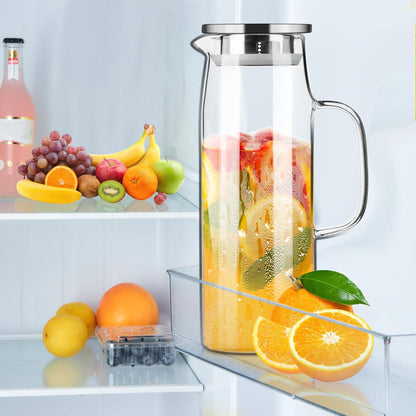 Paracity Glass Pitcher with Lid and Spout 50oz/ 1.5L, Hot/Cold Water Pitcher, Iced Tea Pitcher for the Shelf of Fridge, Easy to Clean