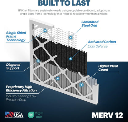 BNX TruFilter 16x25x1 MERV 12 Odor Defense (2-Pack) AC Furnace Air Filter with Activated Carbon - MADE IN USA - Pleated Air Conditioner HVAC AC Furnace Filters - Removes Odor, Mold, Bacteria, Smoke