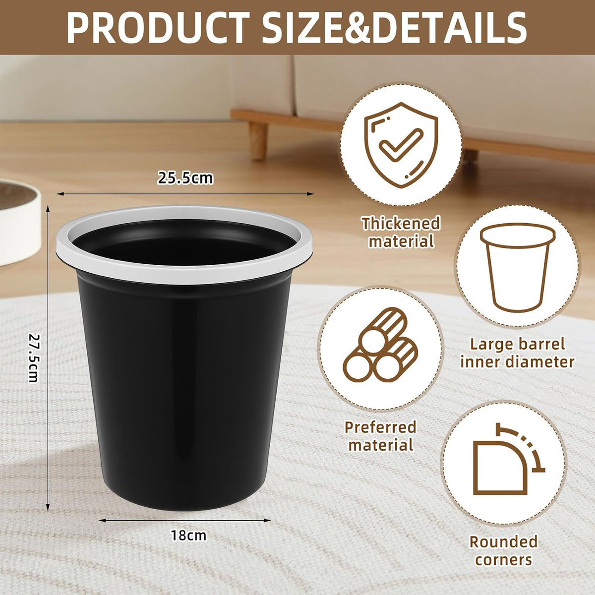 Maxdot 36 Pcs Bathroom Trash Cans Bulk 2 Gallon Small Waste Basket Round Garbage Can Plastic Trash Bin Small Container for Home Dorm Kitchen Office Living Room Study Compact Spaces(Black)