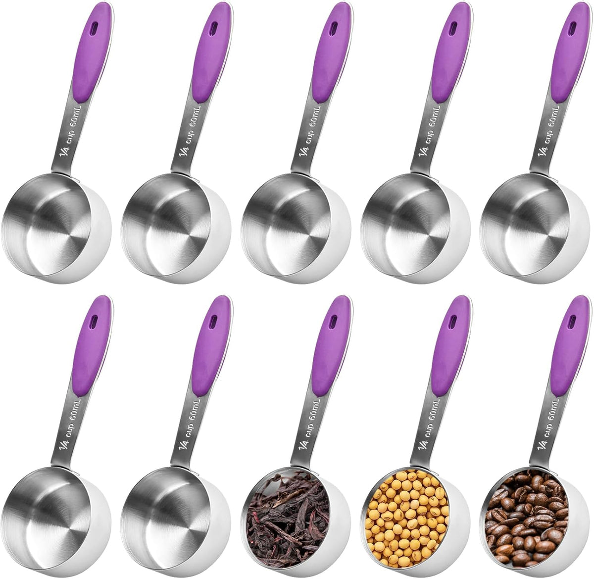 10 Pcs 1/4 Measuring Cup, 2 Oz Stainless Steel Scoop with Silicone Handle, Metal Mini Measuring Scoops Kitchen Gadgets for Cooking Baking