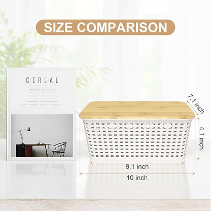 6Pcs Storage Bins with Lids, Stackable Plastic Storage Basket with Bamboo Lid, Pantry Organizer Box Small Containers for Organizing Shelves Drawer Desktop Closet Cabinet Office Classroom 10x7.1x4.1in