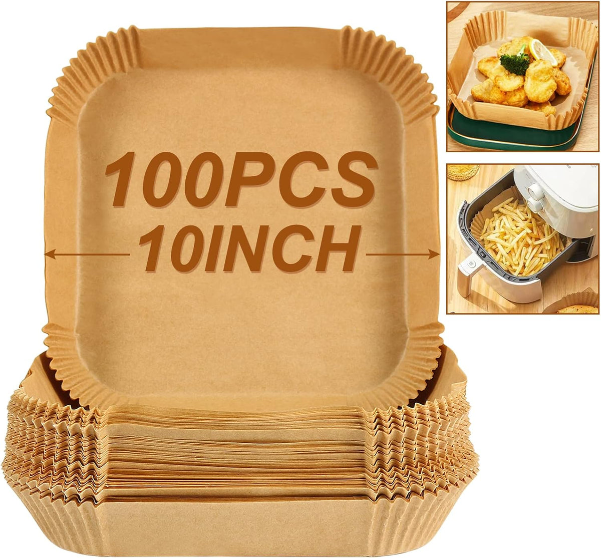 BYKITCHEN Large Air Fryer Liners, Set of 100, 10 Inch Square Air Fryer Liners, XL Airfryer Disposable Paper Liner, Compatible with Corsori, Ninja, Gourmia Airfryer and More