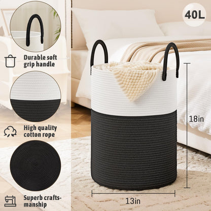 Laundry Basket,Woven Cotton Rope Laundry Hamper,40L for Decorative Storage of Dirty Clothes,Toys and Blankets in Bathroom,Baby Room and Living Room