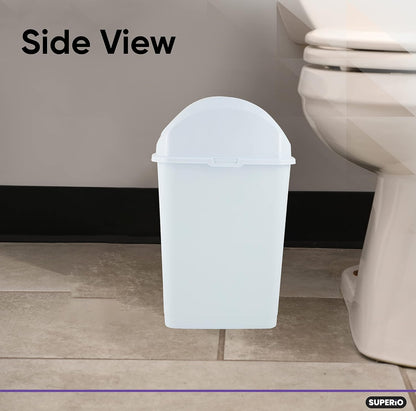 Superio Small 2.5 Gallon Plastic Trash Can with Swing Top Lid, Compact Slim Waste Bin for Under Desk, Office, Bedroom, Bathroom, Dorm Room, 10 Qt. Portable Garbage Can (White)
