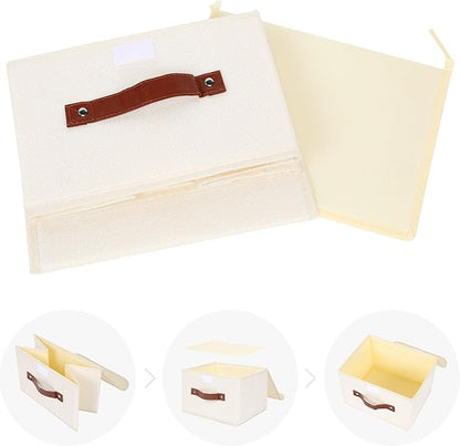 ANMINY 2PCS Storage Bins with Lid PU Leather Handles Storage Boxes PP Plastic Board Decorative Foldable Lidded Cotton Linen Fabric Home Cubes Baskets Closet Organizer Containers - Beige, Small Size