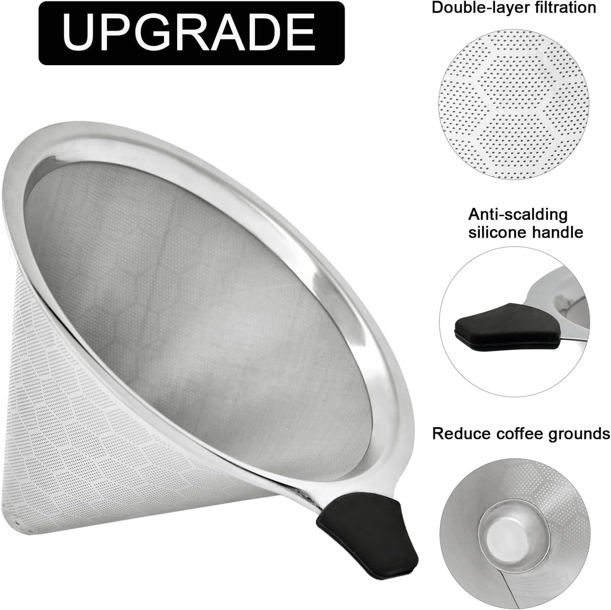Pour Over Coffee Filter Compatible with Chemex & Hario V60 02 03, Reusable Stainless Steel Metal Cone Slow Drip Coffee Filter