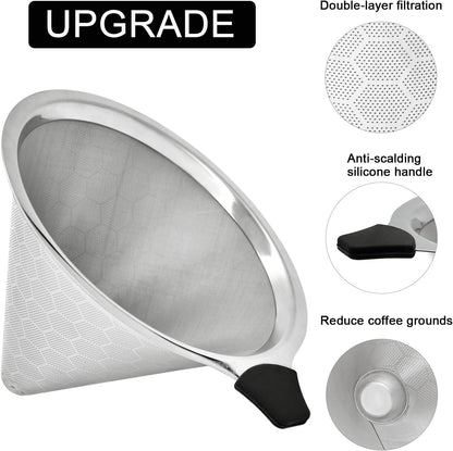 Pour Over Coffee Filter Compatible with Chemex & Hario V60 02 03, Reusable Stainless Steel Metal Cone Slow Drip Coffee Filter