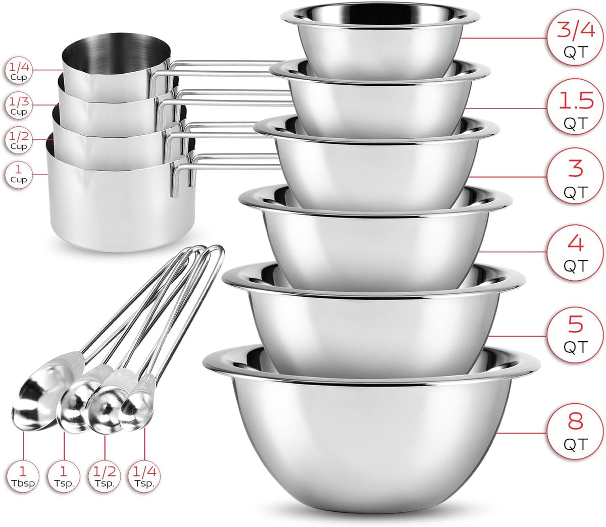 Eatex Stainless Steel Mixing Bowls with Measuring Cups & Spoons Set of 14 - Dishwasher Safe Nesting Mixing Bowl Set for Cooking