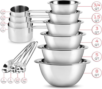 Eatex Stainless Steel Mixing Bowls with Measuring Cups & Spoons Set of 14 - Dishwasher Safe Nesting Mixing Bowl Set for Cooking