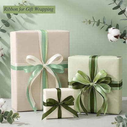 woric Sage Green Satin Ribbon 3/8 Inch x 4 Rolls, Total 120 Yards Ivory/Moss Green/Dusty Sage Ribbon for Graduation Leis Baby Bridal Shower Mother's Day Hair Bows Wedding Decor