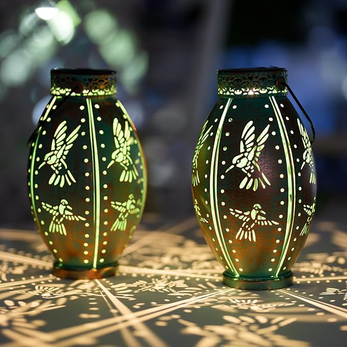 2 Pack Solar Lanterns Outdoor Waterproof Decorative Hummingbird Solar Lantern Lights Hanging for Outside Patio Tableto Garden Yard Lawn Decor, Gifts for Mom Grandma Woman