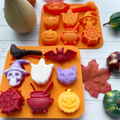 2 Pack Halloween Chocolate Candy Silicone Mold Halloween Molds Ghost Pumpkin Bat Skull Witch Hat Gummy Fondant Baking Mold for DIY Ice Cube Sugar