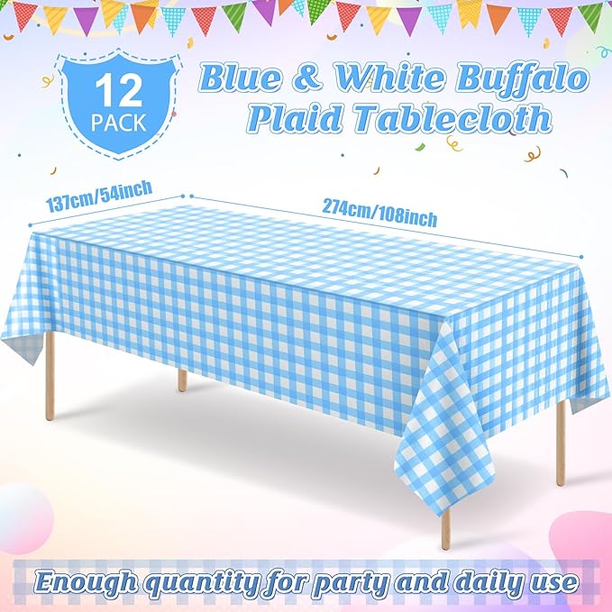 12Pack Light Blue and White Plastic Checkered Tablecloth, Premium Decorative Disposable Light Blue Gingham Plaid Tablecloth for Party, Rectangle Party Table Cover for Picnic Farm Birthday, 54x108 Inch