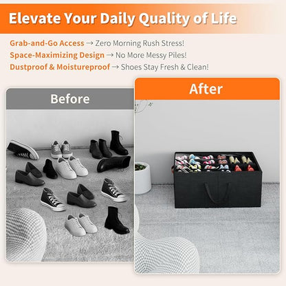 Aokeyee 2 Pack Shoe Organizer for Closet, Large Shoe Storage Box Fits up to 48 Pairs, Space Saving Foldable Shoes Organizer Bin w/Clear Cover and 4 Reinforced Handles, Black
