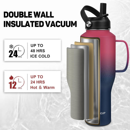 Water Bottle 40oz, Insulated Tumblers with Handle & Straw Lid, Insulated Water Bottle Fits in Cup Holder, Double Wall BPA-Free