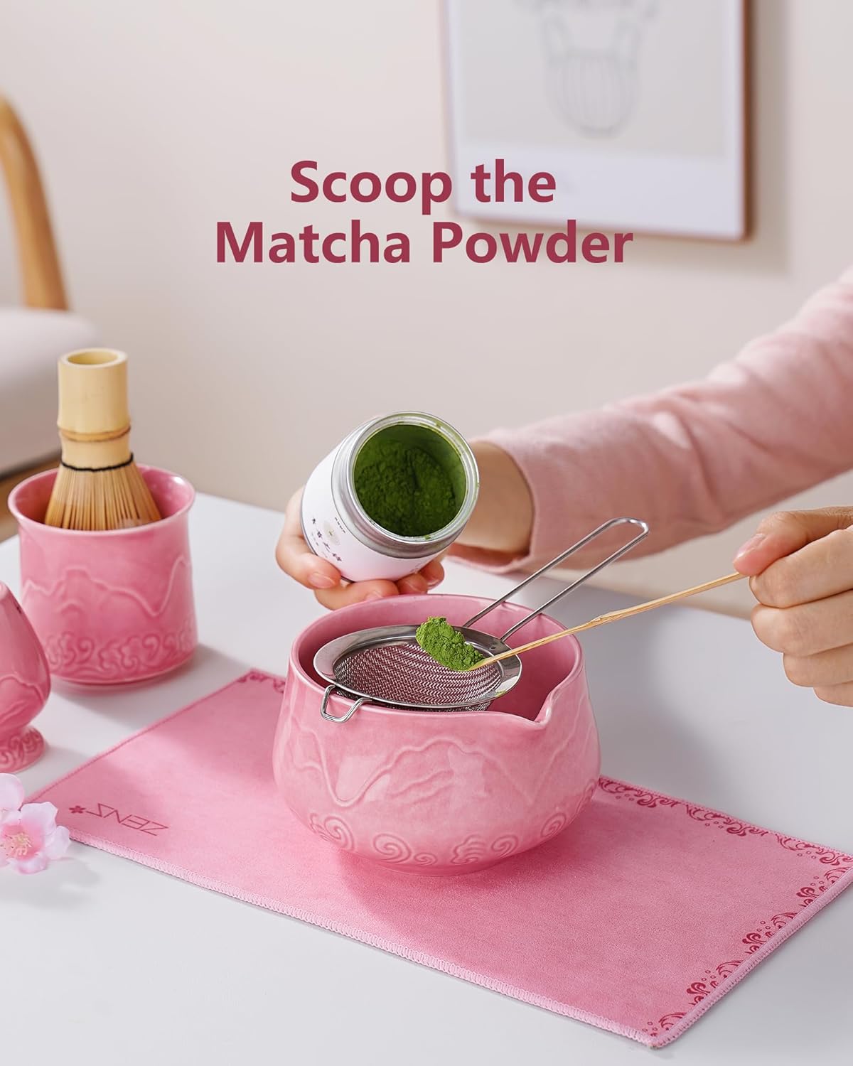 ZENS Pink Matcha Set, Matcha Whisk Set Includes 15oz Ceramic Bowl and Matcha Cup for Bamboo Whisk, (Chasen Holder), Scoop, Sifter and Tea Towel, 7pcs Matcha Kit for Matcha Lovers