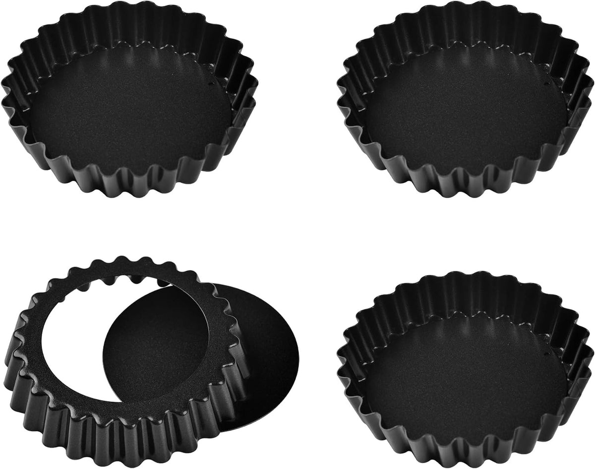 Mini Tart Pan Set, 4-Inch 4pcs with Removable Loose Bottom Non-Stick Round Quiche Bakeware for Oven and Instant Pot Baking (Black)