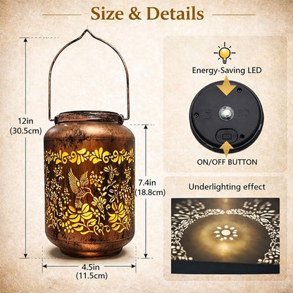 Solar Lanterns Outdoor Waterproof - Retro Metal Hanging Solar Lights with Hummingbird Hollow-Out Pattern, Decorative Garden Decor for Outside Patio Yard Porch, Best Birthday Gifts for Women Mom
