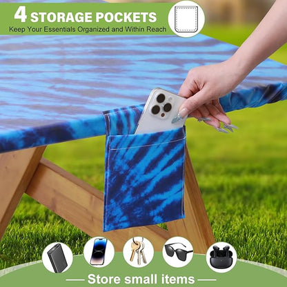 Fitted Picnic Table Cover with Bench Covers Waterproof Elastic Edges Rectangle Patio Tablecloth Outdoor Camping Essentials Stuff Rv Accessories Summer Trip Travel Supplies Party Camper Gifts, 8 ft