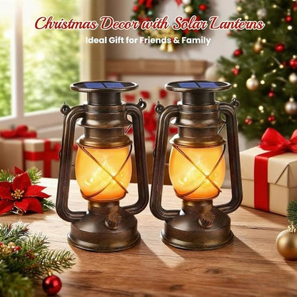 Wondrastical Solar Lanterns Outdoor Waterproof, 2 Pack Flickering Flame LED Hanging Lantern, Bronze Vintage Solar Powered Decorative Lights for Patio Porch Garden Yard Pathway Camping