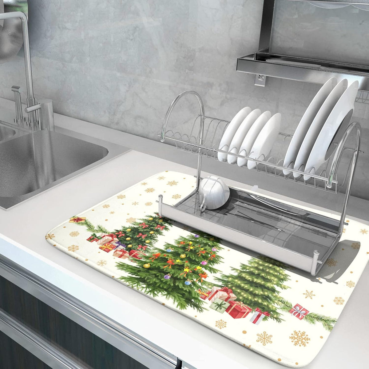 Merry Christmas Dish Drying Mats for Kitchen Counter 16x18 Inch Christmas Tree Dish Drainer Mats Dry Pad Xmas Forest Drying Mat for Dish Christmas