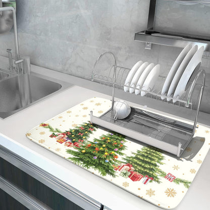 Merry Christmas Dish Drying Mats for Kitchen Counter 16x18 Inch Christmas Tree Dish Drainer Mats Dry Pad Xmas Forest Drying Mat for Dish Christmas