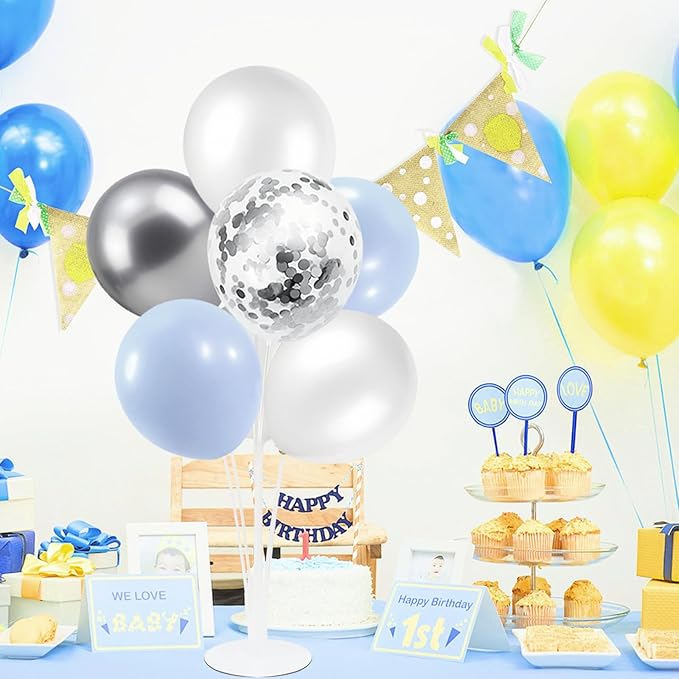 ZJDHPTY 4 Sets Balloon Stand,Light Blue Silver White Balloon Centerpieces for Birthday Baby Shower Bridal Shower Wedding Engagement Anniversary Party Decor