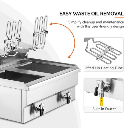 ROVSUN 24.9QT Electric Deep Fryer with Baskets, Timer Drains & Lids, 3400W Commercial Deep Fryer, Dual Tank Kitchen Countertop Frying Machine, Adjustable Temperature for Home Restaurant