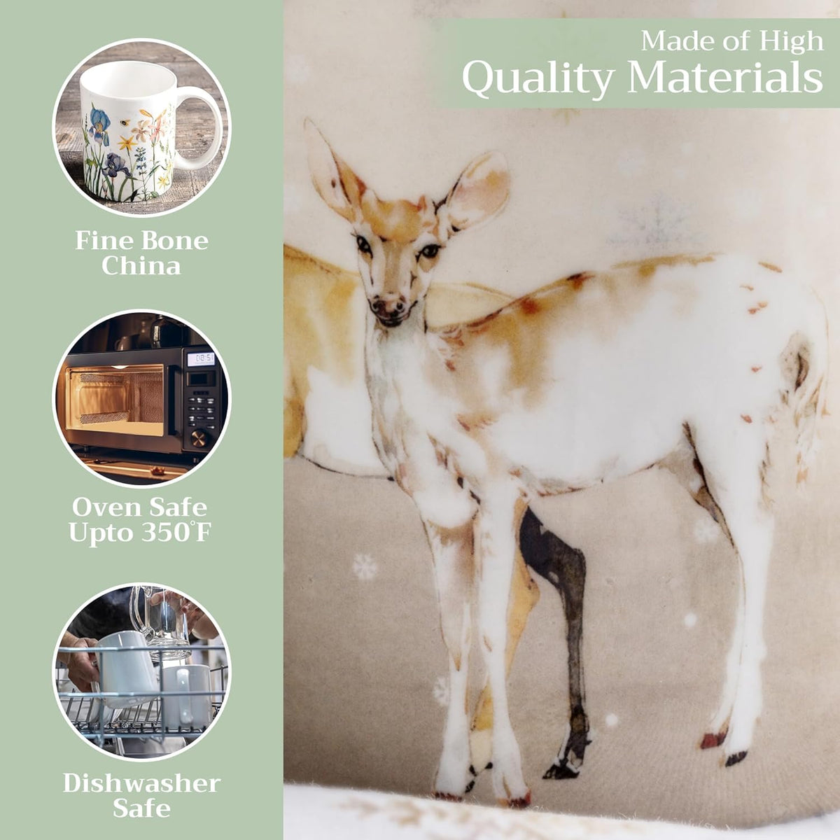 Maison d' Hermine Coffee Mug with Handles Fine Bone China Mugs Pack of One Tea Cups for Hot Beverages Cappuccino Latte Home Restaurant Office Perfect for Gift (Deer In The Woods - Oh Deer, 12 Ounce)