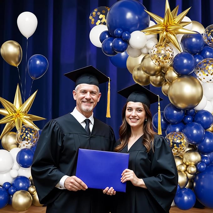 Navy Blue White Gold Balloon Arch Kit, 2026 Graduation Decorations, 130Pcs Blue Gold White Balloons with Foil Star Confetti Balloons for College High School Graduation Decorations Class of 2026