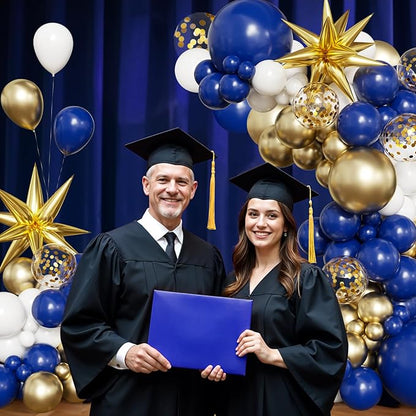 Navy Blue White Gold Balloon Arch Kit, 2026 Graduation Decorations, 130Pcs Blue Gold White Balloons with Foil Star Confetti Balloons for College High School Graduation Decorations Class of 2026