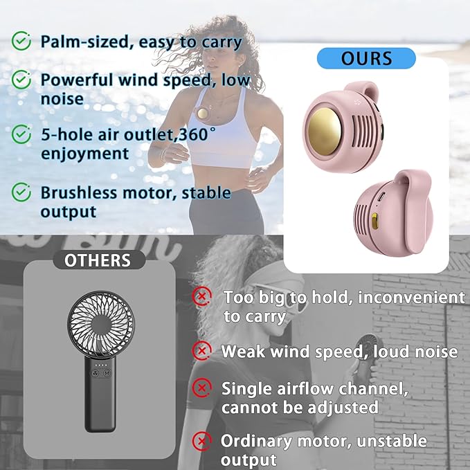 Portable Clip-On Fan, Mini USB Rechargeable 360° Rotatable Fan, 3-Speed Silent Mini Bladeless Fans (Pink and green)